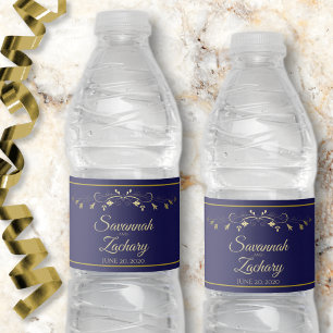 Elegant Gold Floral Flourish Navy Blue Wedding Water Bottle Label