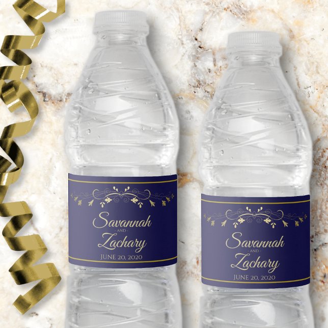 Elegant Gold Floral Flourish Navy Blue Wedding Water Bottle Label (Creator Uploaded)