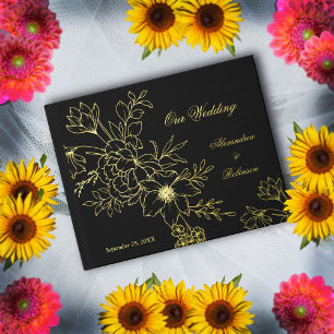 Elegant Gold Floral Flowers Wedding Black Guest Book