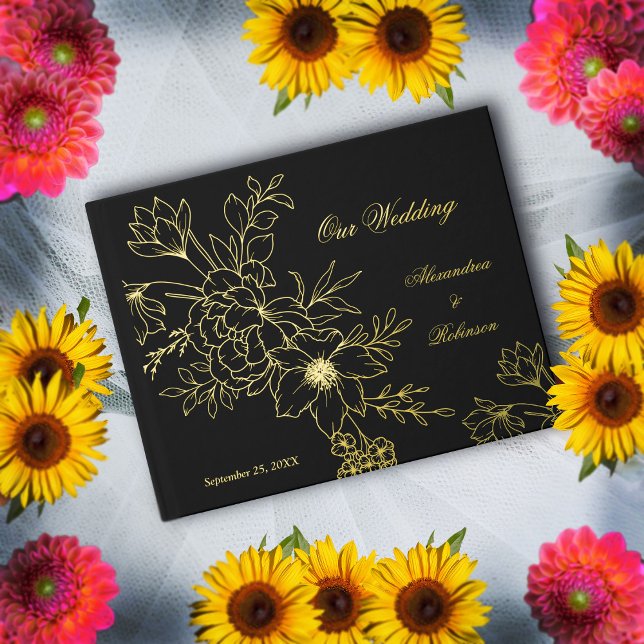 Elegant Gold Floral Flowers Wedding Black  Guest Book (Elegant Gold Floral Flowers Wedding Black Guest Book is  great keepsake for guest to sign. )