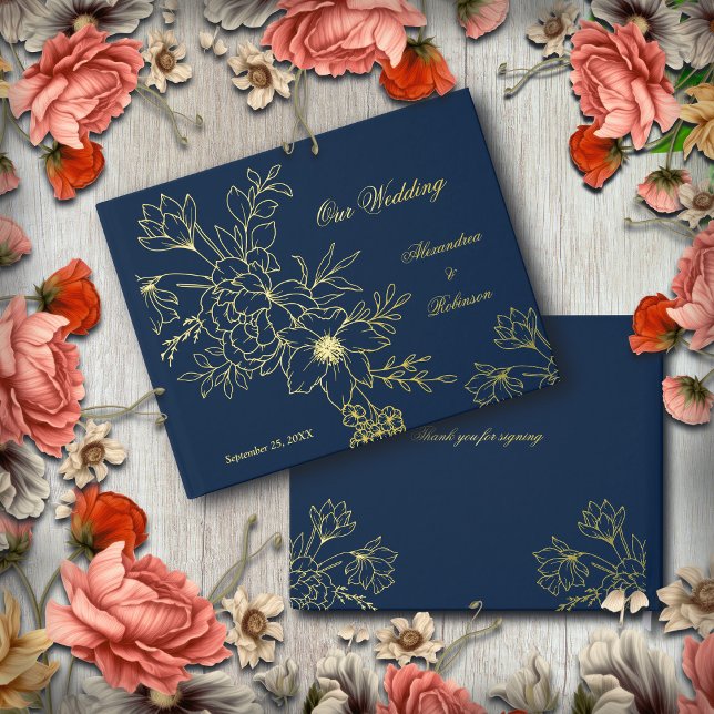 Elegant Gold Floral Flowers Wedding Blue Guest Book (Elegant Gold Floral Flowers Wedding Blue Guest Book for your wedding keepsake filled with memories. )
