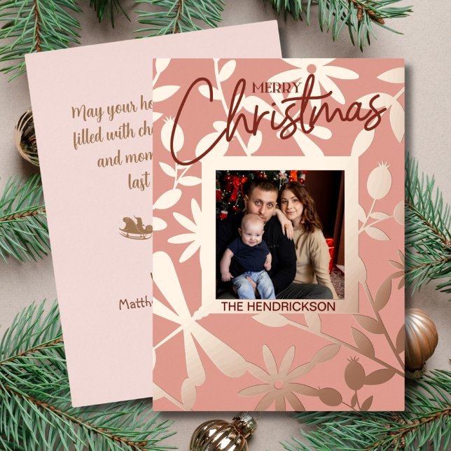 Elegant Gold Floral Frame Christmas Photo (MOCKUP_Elegant Gold Floral Frame Christmas Photo Foil Holiday Card)