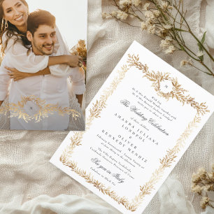 elegant gold floral frame monogram photo wedding invitation