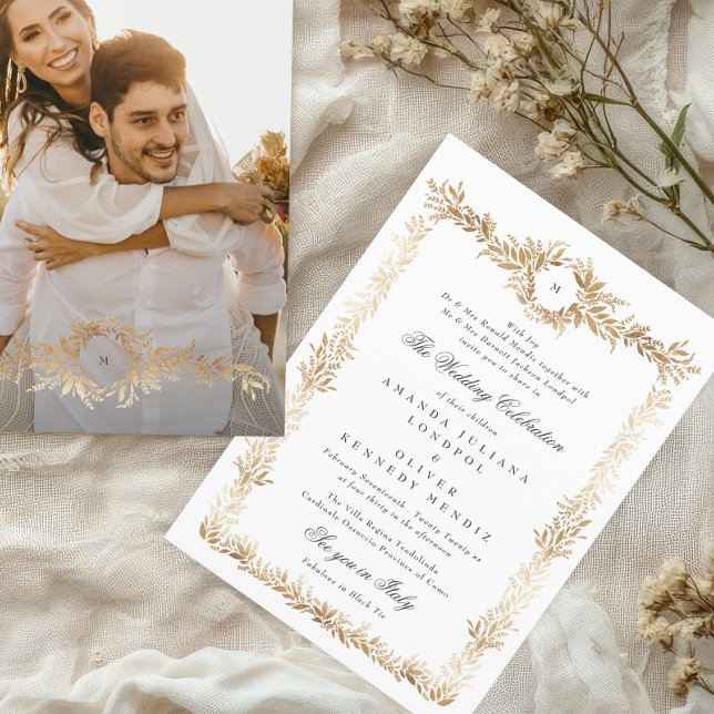 elegant gold floral frame monogram photo wedding invitation (Creator Uploaded)