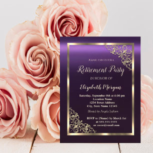 Elegant Gold Floral Frame Purple Retirement Invitation