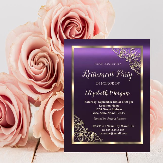 Elegant Gold Floral Frame Purple Retirement  Invitation (Creator Uploaded)