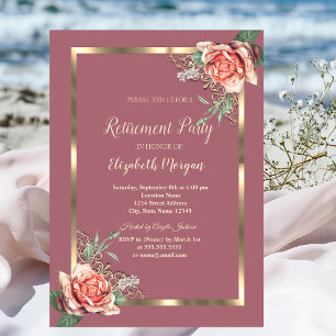 Elegant Gold Floral Frame Roses Retirement Invitation