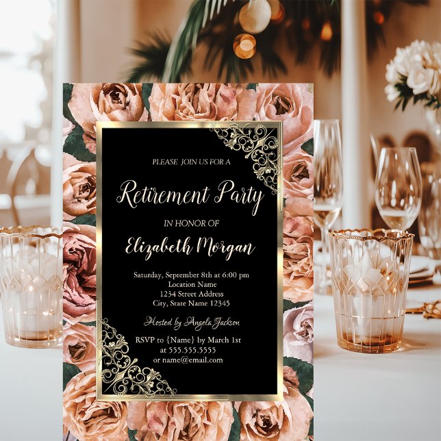 Elegant Gold Floral Frame Roses Retirement  Invitation (Creator Uploaded)