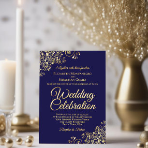 Elegant Gold Floral Frills Dark Navy Blue Wedding