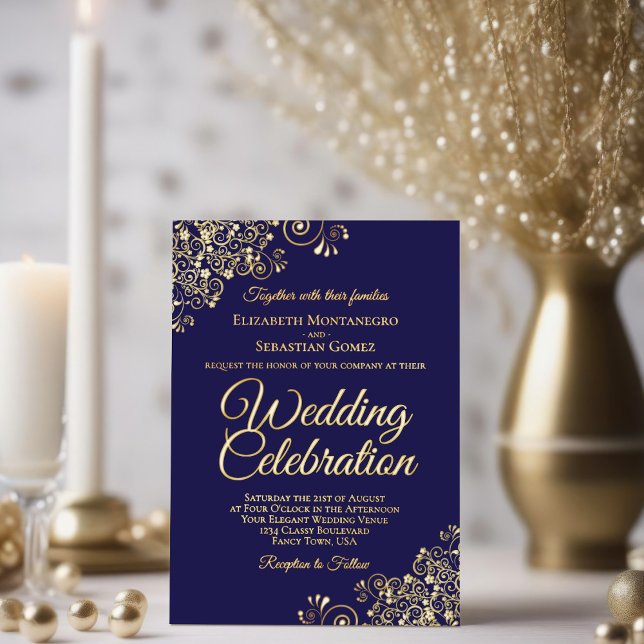 Elegant Gold Floral Frills Dark Navy Blue Wedding (Creator Uploaded)