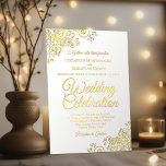 Elegant Gold Floral Frills on White Chic Wedding<br><div class="desc">This elegant wedding invitation features real foil printing on a classic white background. The beautiful design has fancy script lettering with ornate floral curls and swirls in the corners. Stylish, elegant, sophisticated, and chic, this invitation is fancy and glam. Wonderful and classy way to invite your friends and family to...</div>