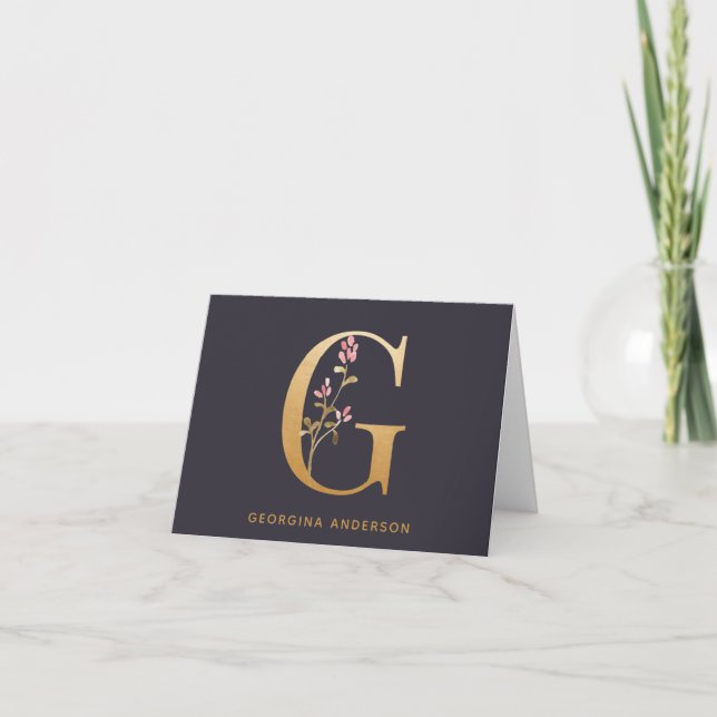 Elegant Gold Floral G Monogram Chic Personalised Note Card (Front)