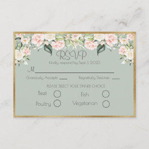 Elegant Gold Floral Green Script Wedding RSVP Card