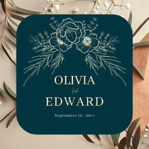 Elegant Gold Floral Hand Drawn Wedding Square Sticker