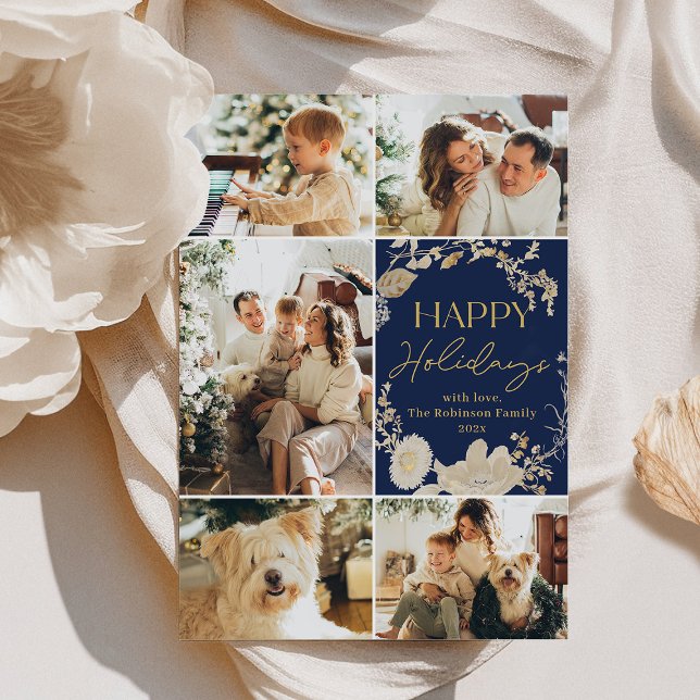 Elegant Gold Floral Happy Holiday Card (Creator Uploaded)