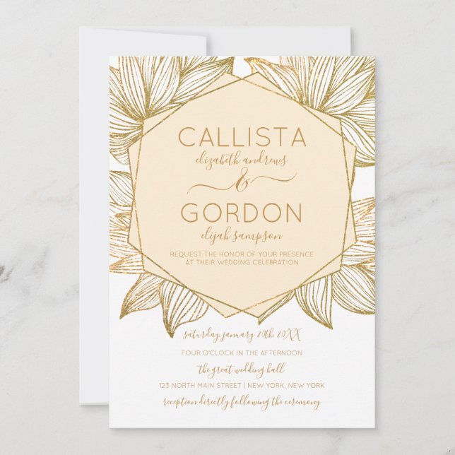 Elegant Gold Floral Hexagon Terrarium Wedding Invitation (Front)