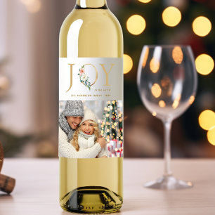 Elegant Gold Floral Joy Holiday Photo Wine Label