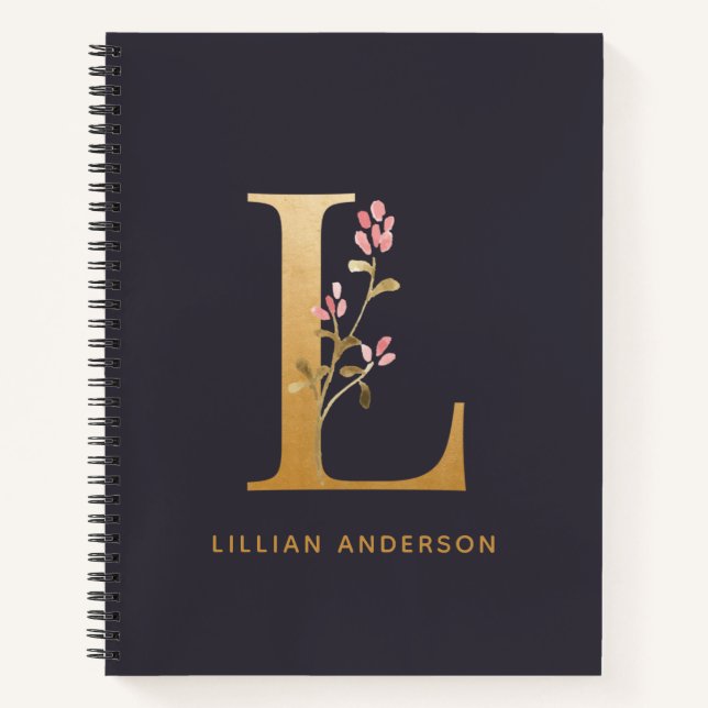 Elegant Gold Floral L Monogram Chic Personalised Notebook (Front)