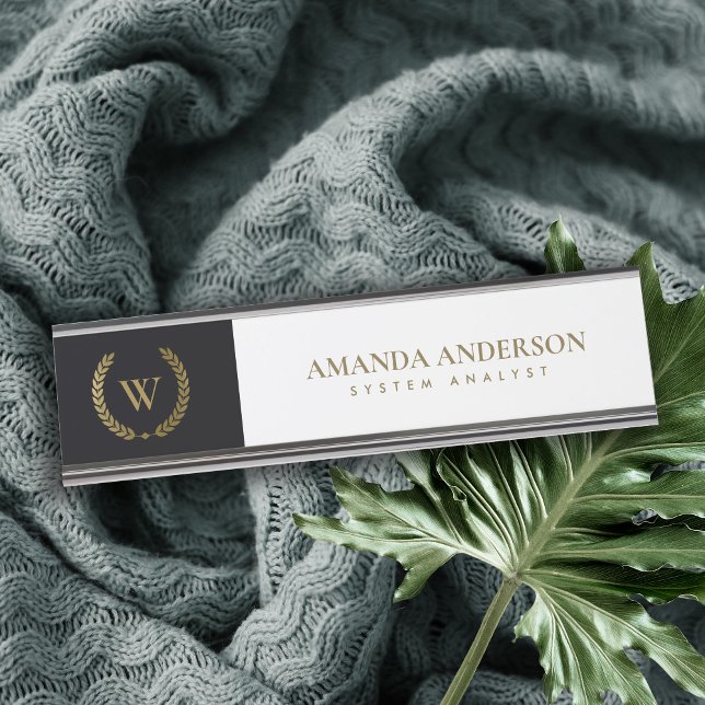 ELEGANT GOLD FLORAL LAUREL WREATH INITIAL MONOGRAM DESK NAME PLATE (Creator Uploaded)