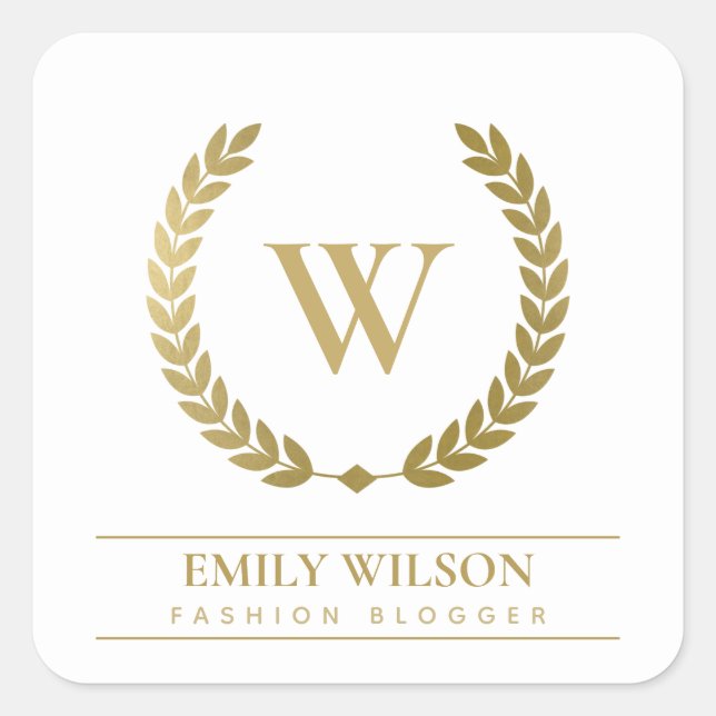 ELEGANT GOLD FLORAL LAUREL WREATH INITIAL MONOGRAM SQUARE STICKER (Front)