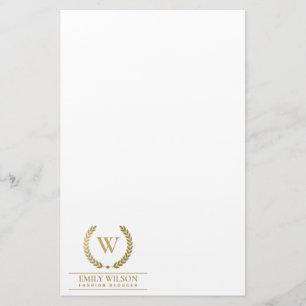 ELEGANT GOLD FLORAL LAUREL WREATH INITIAL MONOGRAM STATIONERY