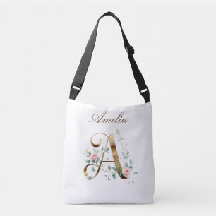 Elegant Gold Floral Letter A Crossbody Bag