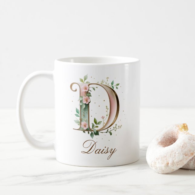 Elegant Gold Floral Letter D Monogram Mug (With Donut)