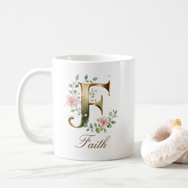 Elegant Gold Floral Letter F Monogram Mug (With Donut)
