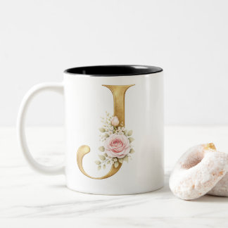 Elegant Gold Floral Letter J Monogram Logo Two-Tone Coffee Mug