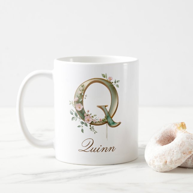 Elegant Gold Floral Letter Q Monogram Mug (With Donut)