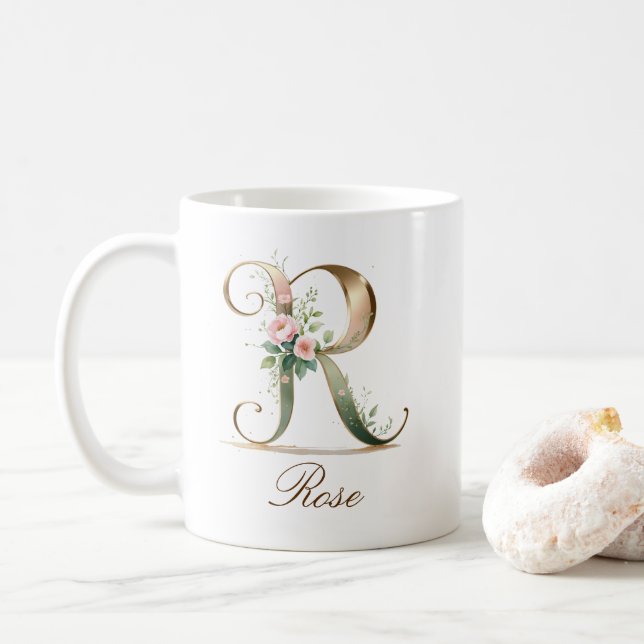 Elegant Gold Floral Letter R Monogram Mug (With Donut)