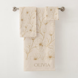 Elegant Gold Floral Line Art Seamless Pattern Bath Towel Set