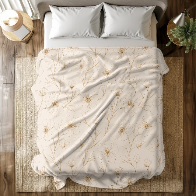 Elegant Gold Floral Line Art Seamless Pattern Fleece Blanket (Creator Uploaded)