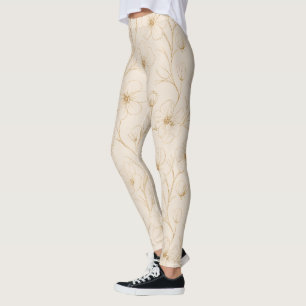 Elegant Gold Floral Line Art Seamless Pattern Leggings