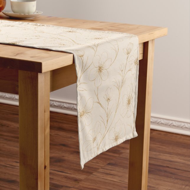 Elegant Gold Floral Line Art Seamless Pattern Medium Table Runner (In Situ)