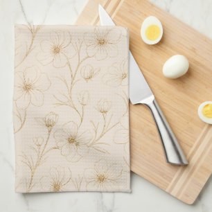 Elegant Gold Floral Line Art Seamless Pattern Tea Towel