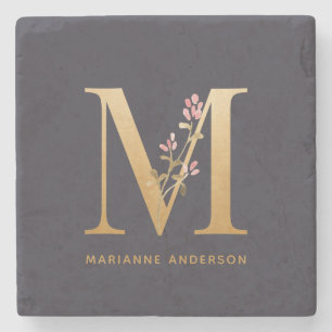 Elegant Gold Floral M Monogram Chic Personalised  Stone Coaster