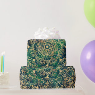 Elegant Gold Floral Mandala Green Blue Design Wrapping Paper