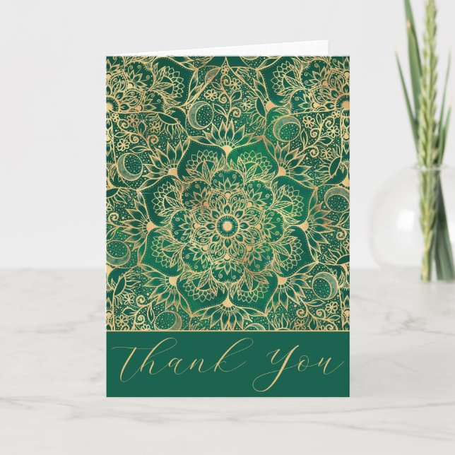 Elegant Gold Floral Mandala Green Design Thank You Card (Front)