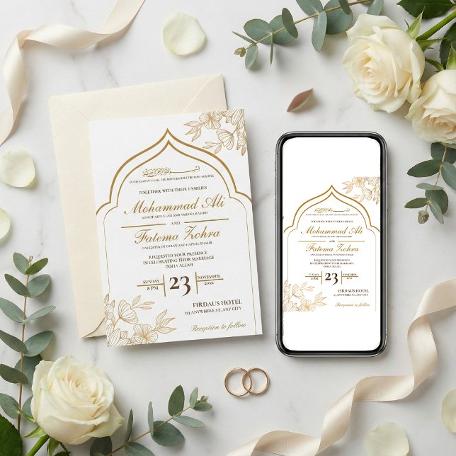 Elegant Gold Floral Masjid Muslim Wedding Nikah Invitation (Creator Uploaded)