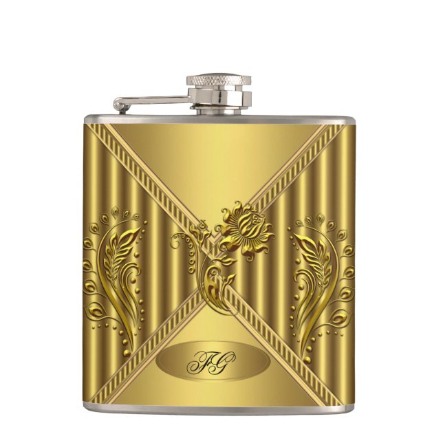 Elegant Gold Floral Metal look Monogram Name Hip Flask (Front)