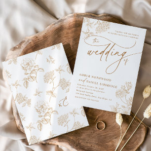 Elegant Gold Floral Modern Script Wedding Invitation