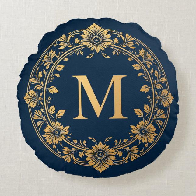 Elegant Gold Floral Monogram Design Round Cushion (Front)