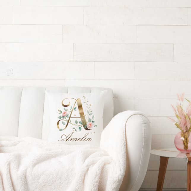 Elegant Gold Floral Monogram Initial A Pillow (Couch)