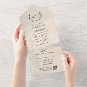 Elegant Gold Floral Monogram QR Code Wedding All In One Invitation