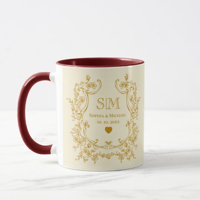 Elegant Gold Floral Monogram Wedding  Mug (Left)