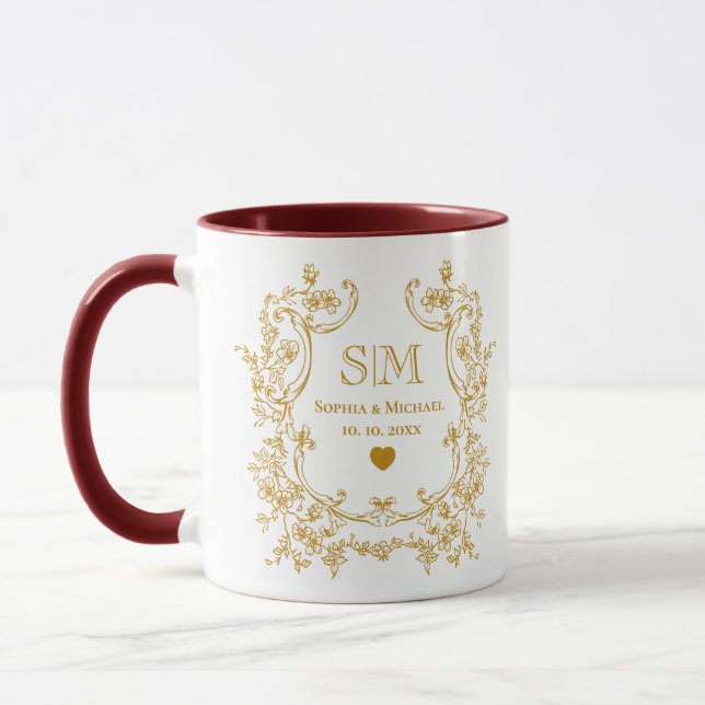Elegant Gold Floral Monogram Wedding  Mug (Left)