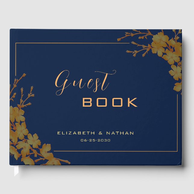 Elegant Gold Floral Navy Blue Guestbook (Front)