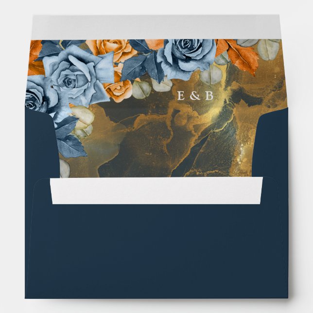Elegant Gold Floral Navy Blue Rust Fall Wedding Envelope (Back (Bottom))