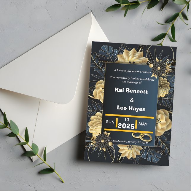 Elegant Gold Floral Navy Holiday Wedding Invite (Elegant Gold Floral Navy Holiday Wedding Invite)